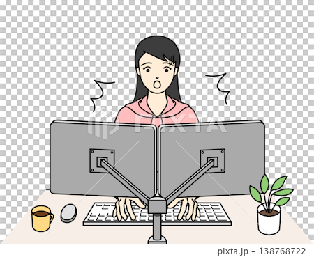 An illustration of a woman surprised by working on a computer with dual monitors. An illustration of a woman surprised by working on a computer with dual monitors. 138768722