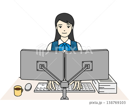 事務服を着用しデュアルモニターで働く女性のイラスト 138769103