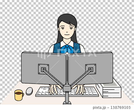 事務服を着用しデュアルモニターで働く女性のイラスト 138769103
