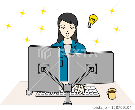 作業着でパソコン作業中に解決策を閃く女性のイラスト 138769104