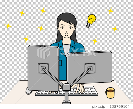 作業着でパソコン作業中に解決策を閃く女性のイラスト 138769104