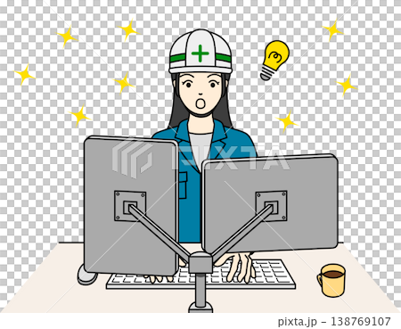 An illustration of a female worker who is surprised by a brilliant idea she comes up with while working in the on-site office. An illustration of a female worker who is surprised by a brilliant idea she comes up with while working in the on-site office. 138769107