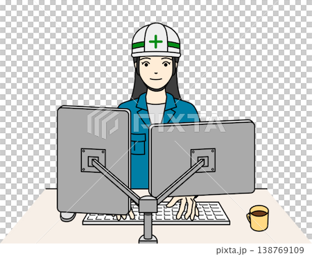 一名戴著安全帽、穿著工作服的女工正在電腦上輸入資料。 一名戴著安全帽、穿著工作服的女工正在電腦上輸入資料。 138769109