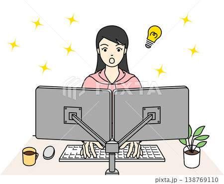 デュアルモニターで名案を思いつき驚く女性のイラスト 138769110