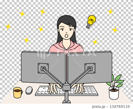 デュアルモニターで名案を思いつき驚く女性のイラスト 138769110