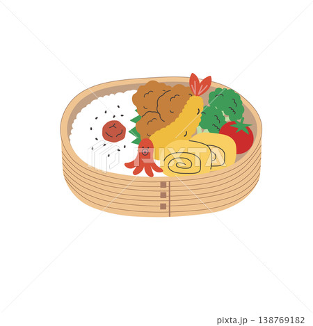 お弁当のイラスト　シンプル　唐揚げ 　エビフライ　玉子焼き ランチ　わっぱ弁当 138769182