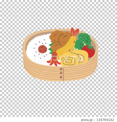 お弁当のイラスト　シンプル　唐揚げ 　エビフライ　玉子焼き ランチ　わっぱ弁当 138769182