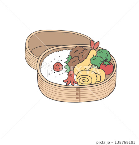 お弁当のイラスト　シンプル　唐揚げ 　エビフライ　玉子焼き ランチ　わっぱ弁当 138769183