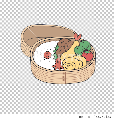 お弁当のイラスト　シンプル　唐揚げ 　エビフライ　玉子焼き ランチ　わっぱ弁当 138769183