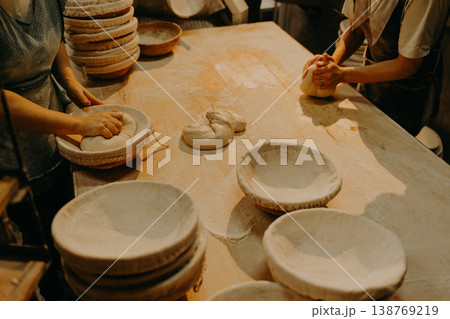 female hands in flour closeup kneading dough on table 138769219