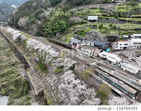 大歩危駅 桜とキハ1000形 停車中 空撮写真 138769293