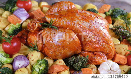 Crispy And Golden Chicken Served Alongside Seasoned Potatoes And Aromatic Herbs Crispy And Golden Chicken Served Alongside Seasoned Potatoes And Aromatic Herbs 138769439