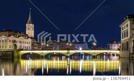 Elegant Zurich Arch Spans Limmat With Reflections Beneath Night Sky Elegant Zurich Arch Spans Limmat With Reflections Beneath Night Sky 138769451