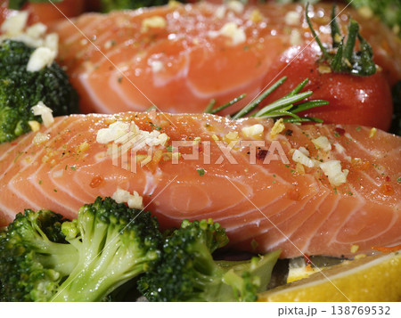 Grilled Salmon With Herbs. Fresh Salmon Paired With Seasoned Vegetables Grilled Salmon With Herbs. Fresh Salmon Paired With Seasoned Vegetables 138769532
