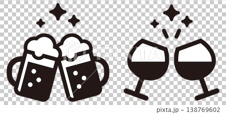 一套用於舉杯慶祝葡萄酒或啤酒的剪影圖示。 138769602