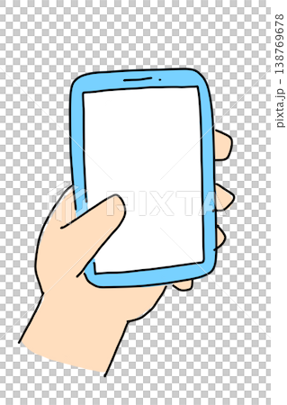 Hand-drawn style illustration of a hand operating a smartphone, transparent PNG background. 138769678