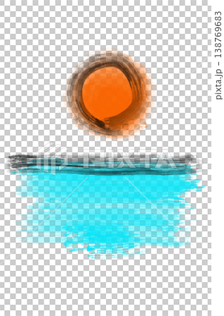 Hand-drawn style illustration of the sea and sun, transparent PNG background. 138769683