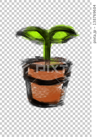 Hand-drawn style illustration of plants and flowerpots, transparent PNG background. 138769684