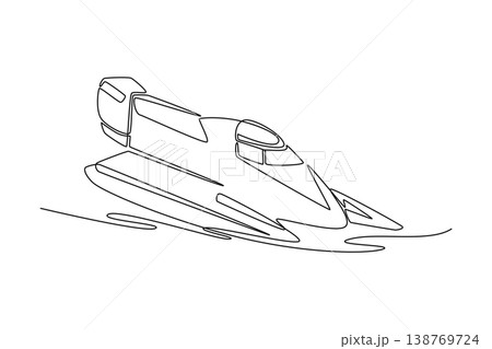 Single continuous line drawing high-speed racing hydroplane, motorboat over water surface at extreme sport. Competitive powerboat racing aquatic speed. One line draw graphic design vector illustration Single continuous line drawing high-speed racing hydroplane, motorboat over water surface at extreme sport. Competitive powerboat racing aquatic speed. One line draw graphic design vector illustration 138769724