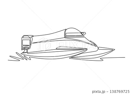 Single continuous line drawing high-performance racing speedboat, hydroplane skimming across the water. Speed, nautical precision, aquatic engineering. One line draw graphic design vector illustration Single continuous line drawing high-performance racing speedboat, hydroplane skimming across the water. Speed, nautical precision, aquatic engineering. One line draw graphic design vector illustration 138769725