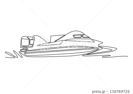 Single continuous line drawing high-speed motorboat or speedboat slicing through the water. Aerodynamic hull, wake of water, summer vacation branding. One line draw graphic design vector illustration Single continuous line drawing high-speed motorboat or speedboat slicing through the water. Aerodynamic hull, wake of water, summer vacation branding. One line draw graphic design vector illustration 138769726