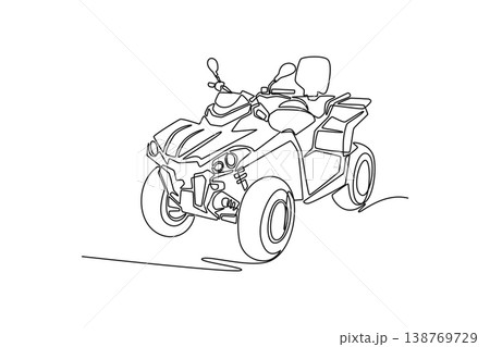 Single continuous line drawing powerful four-wheeled all-terrain vehicle (ATV). Rugged tires and handlebars. Adventure and outdoor recreation branding. One line draw graphic design vector illustration Single continuous line drawing powerful four-wheeled all-terrain vehicle (ATV). Rugged tires and handlebars. Adventure and outdoor recreation branding. One line draw graphic design vector illustration 138769729