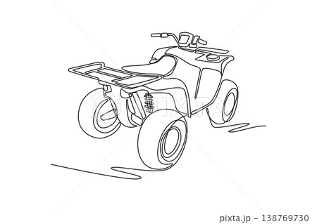 Single continuous line drawing rear perspective of all-terrain vehicle, specifically back rack and suspension system. Off-road utility and recreation. One line draw graphic design vector illustration Single continuous line drawing rear perspective of all-terrain vehicle, specifically back rack and suspension system. Off-road utility and recreation. One line draw graphic design vector illustration 138769730