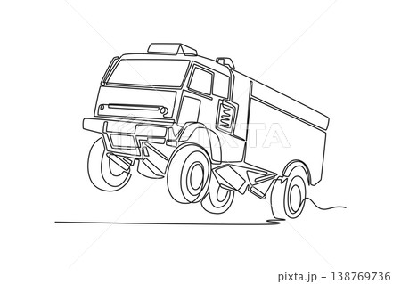 Single one line drawing powerful off-road expedition truck jumping through the air, energetic illustration of extreme motor sports and travel. Continuous line draw design graphic vector illustration 138769736