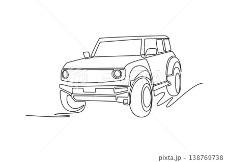 Single one line drawing modern off-road SUV rendered with dynamic aesthetic. Bold front grille, high ground clearance, adventure-themed project. Continuous line draw design graphic vector illustration Single one line drawing modern off-road SUV rendered with dynamic aesthetic. Bold front grille, high ground clearance, adventure-themed project. Continuous line draw design graphic vector illustration 138769738