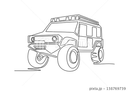 Single one line drawing rugged off-road sport vehicle equipped with a roof rack, large tires. Powerful illustration of outdoor adventure. Modern continuous line draw design graphic vector illustration Single one line drawing rugged off-road sport vehicle equipped with a roof rack, large tires. Powerful illustration of outdoor adventure. Modern continuous line draw design graphic vector illustration 138769739