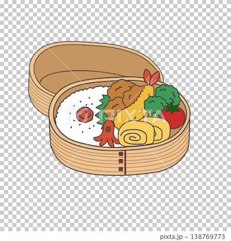 便當盒簡圖。食材：炸雞、炸蝦、煎蛋。午餐盒。 138769773