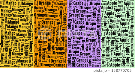 Four vertical banners featuring fruit flavor word clouds for Mango, Orange, Grape, and Apple. Colorful typography design suitable for juice labels, menus, and food packaging. Four vertical banners featuring fruit flavor word clouds for Mango, Orange, Grape, and Apple. Colorful typography design suitable for juice labels, menus, and food packaging. 138770703