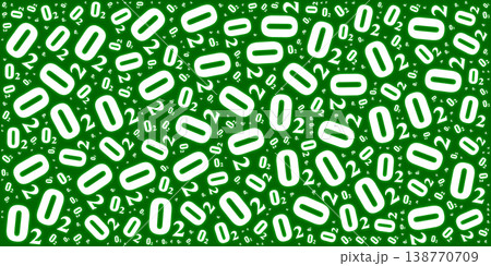 Green background featuring a dynamic pattern of the O2 oxygen chemical symbol in white. Ideal for environmental, healthcare, and science-themed designs. Green background featuring a dynamic pattern of the O2 oxygen chemical symbol in white. Ideal for environmental, healthcare, and science-themed designs. 138770709