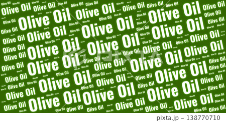 A word cloud pattern featuring Olive Oil text in various sizes and orientations. White typography on a vibrant green gradient background. A word cloud pattern featuring Olive Oil text in various sizes and orientations. White typography on a vibrant green gradient background. 138770710