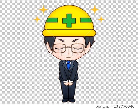 ヘルメットをしたお辞儀する建設会社の男性社員のちびキャライラスト素材 138770946