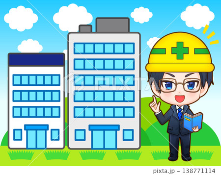 ビル建設をする建築会社員男性のちびキャライラスト素材 138771114