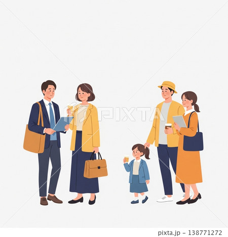 家族とビジネスパーソンのシンプルなライフスタイルイラスト（家庭人物与商务人士日常生活方式简约插画） 138771272