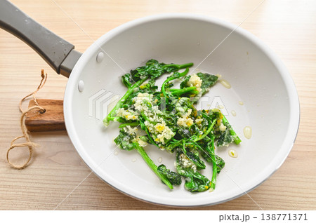 フライパンで焼いた菜の花の天ぷら 138771371