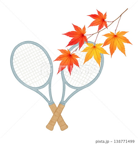 テニスラケットと紅葉 水彩イラスト 秋のスポーツイメージ素材 138771499