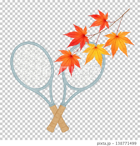 テニスラケットと紅葉 水彩イラスト 秋のスポーツイメージ素材 138771499