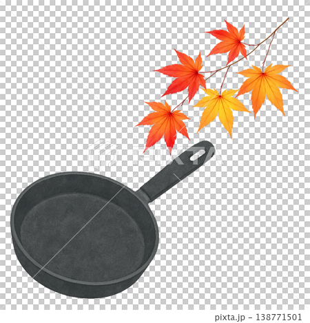 平底鍋和秋葉水彩插畫，秋季烹飪圖片素材 138771501