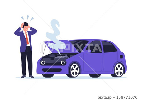 Businessman Frustrated with Broken Smoke Car Businessman Frustrated with Broken Smoke Car 138771670