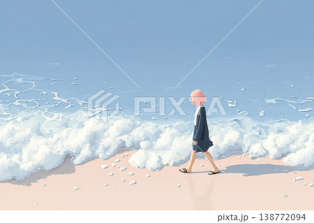 絵美シリーズ：波打ち際を歩くピンク髪の女性 夏の海イメージ素材 138772094