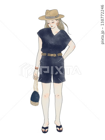 帽子をかぶった女性　ハットをかぶった夏のおでかけスタイル　イラスト素材 138772246