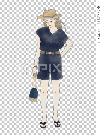 Woman wearing a hat; summer outing style with a hat; illustration material. 138772246