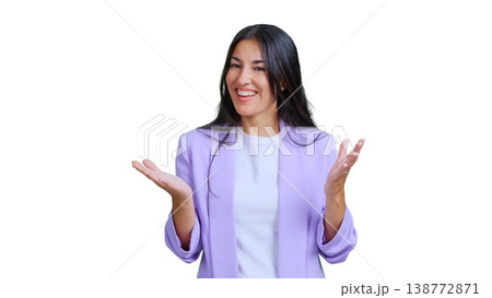 Smiling woman presenting information with open arms Smiling woman presenting information with open arms 138772871