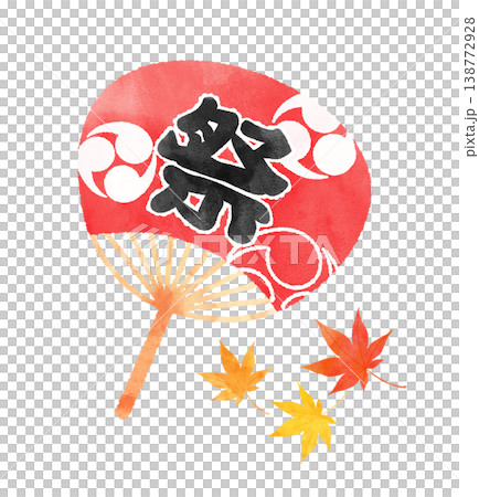 秋節：紅扇與秋葉翩翩起舞 - 水彩插畫，配上書法「節」字 - 透明背景 138772928