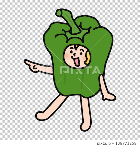 ピーマンの着ぐるみを着た人物　指差し 138773259