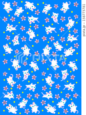 青い背景にかわいい白い虎と花のシームレスなパターン 青い背景にかわいい白い虎と花のシームレスなパターン 138773781