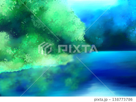 水辺に広がる新緑の森と青い湖の幻想的な風景背景 138773786